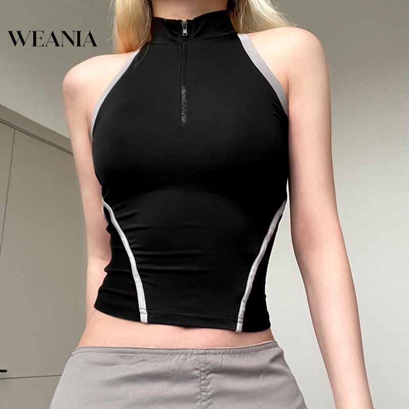 Weania Áo Tank Top Cổ Đứng Có Dây Kéo Khối Màu Hở Lưng Mùa Hè Cho Nữ
