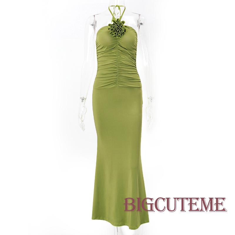 [] - Đầm Dài Trễ Vai Xếp Ly Không Tay Màu Xanh Lá Thời Trang Xuân Hè Đi Tiệc Thường Ngày Cho Nữ
