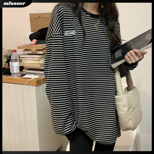 Áo Nỉ Nữ Dài Tay Cổ Tròn Sọc Ngang Thời Trang