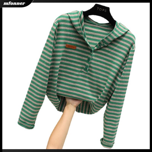 Áo Hoodie Tay Dài Dáng Rộng Họa Tiết Kẻ Sọc Thời Trang Cho Nữ