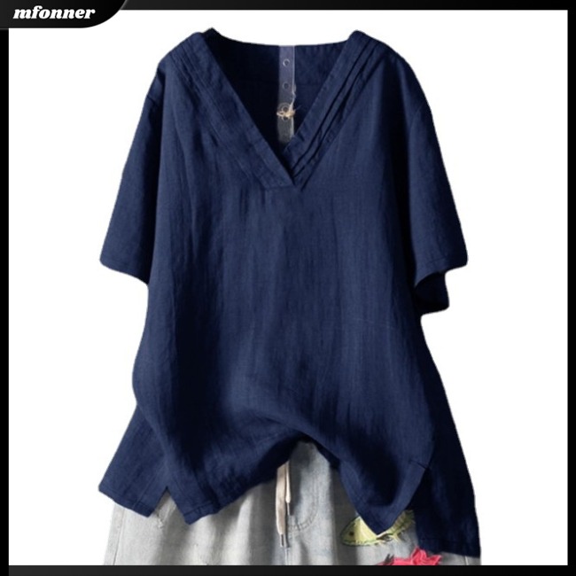 Áo Sơ Mi Cotton Lanh Tay Ngắn Dáng Rộng Cổ Chữ V Nhiều Màu Sắc Thời Trang Mùa Hè Cho Nữ