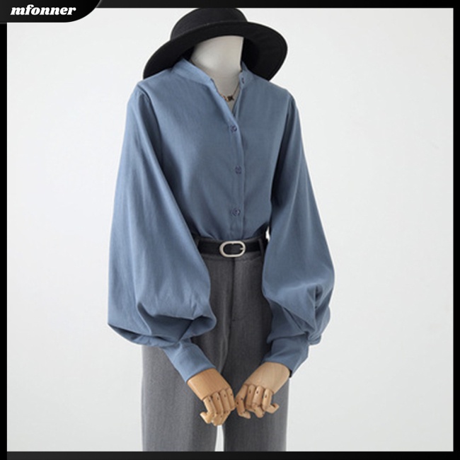 Áo Thun Nữ Tay Dài Phồng Cổ Đứng Màu Trơn Cài Một Hàng Nút Phong Cách Retro