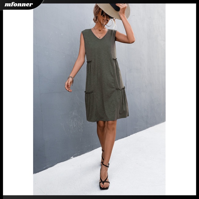 Đầm Chữ A Sát Nách Dáng Rộng Cổ Chữ V Màu Sắc Đơn Giản Cho Nữ