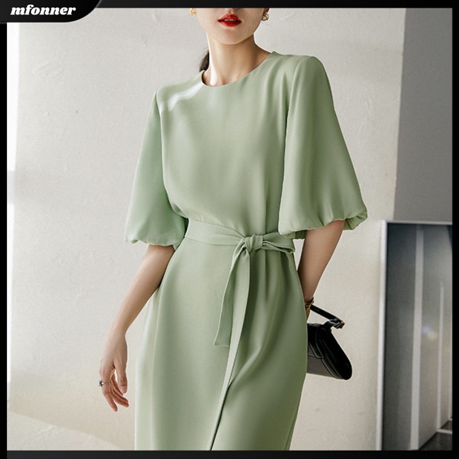 Đầm Midi Dáng Chữ A Cổ Tròn Tay Phồng Màu Trơn Thời Trang Mùa Hè Cho Nữ