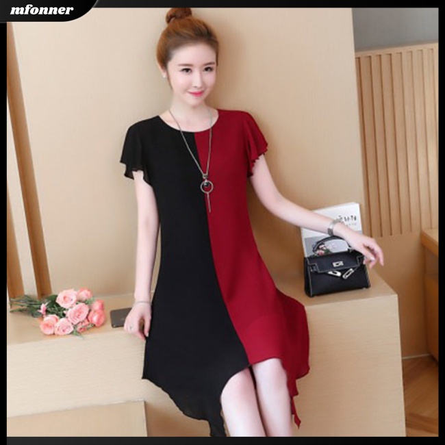 Đầm Midi Chữ A Tay Ngắn Cổ Tròn Màu Sắc Tương Phản Thời Trang Mùa Hè Cho Nữ