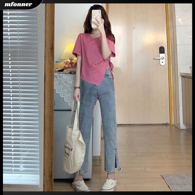 Set Đồ 2 Món Áo Tay Ngắn Cổ Tròn Màu Sắc Trơn Kèm Quần Dài Ống Rộng Cá Tính Cho Nữ