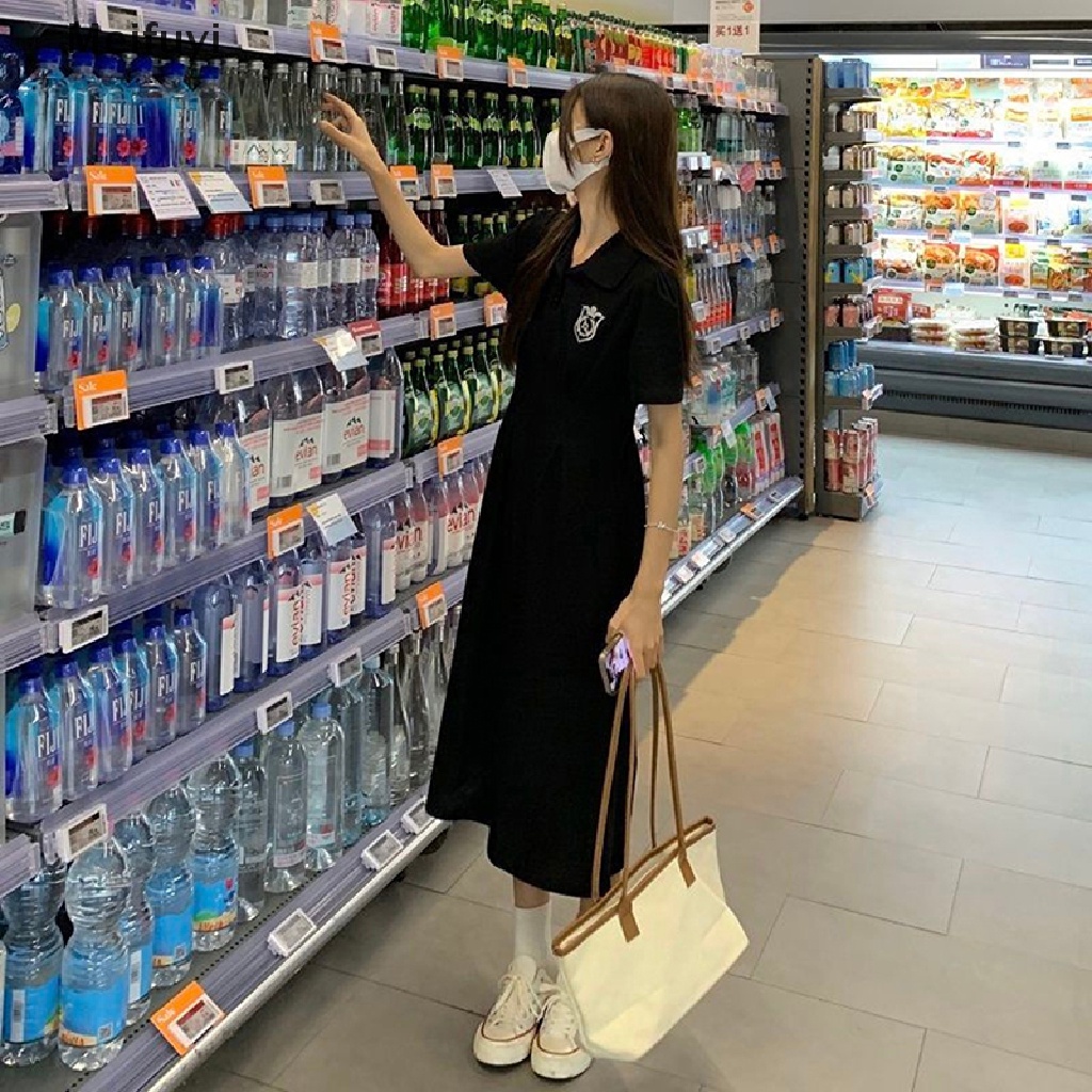 [Meifuyi] Đầm Dáng Chữ A Cổ Bẻ Tay Ngắn Ôm Eo Phong Cách Preppy Thời Trang Mùa Hè Cho Nữ