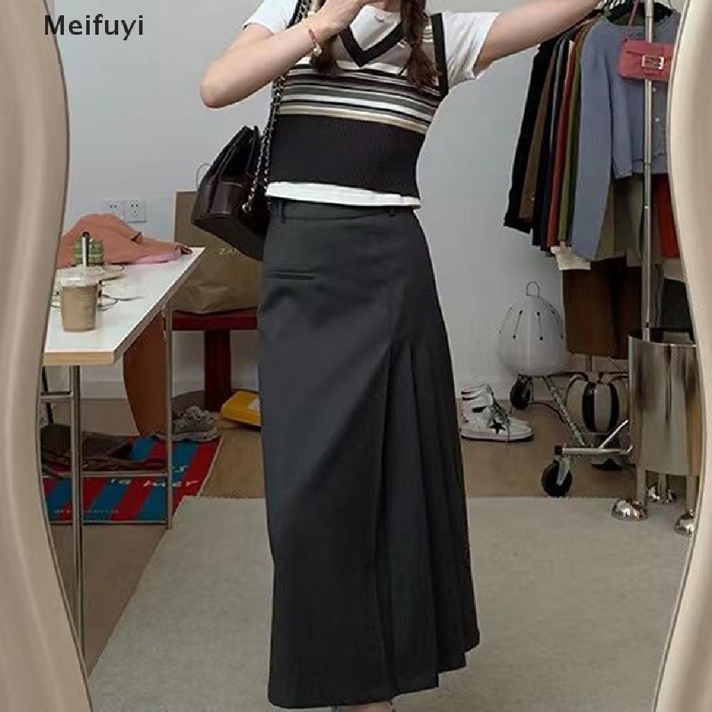 [Meifuyi] Chân Váy Chữ A Dáng Dài Lưng Cao Xếp Ly Màu Trơn Phong Cách Vintage Hàn Quốc Cho Nữ