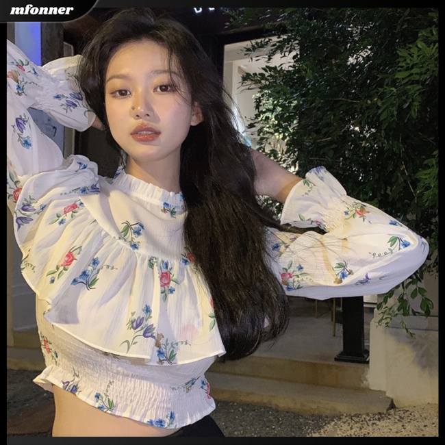 Áo Croptop Tay Dài Cổ Tròn In Họa Tiết Hoa Phong Cách Retro Dành Cho Nữ