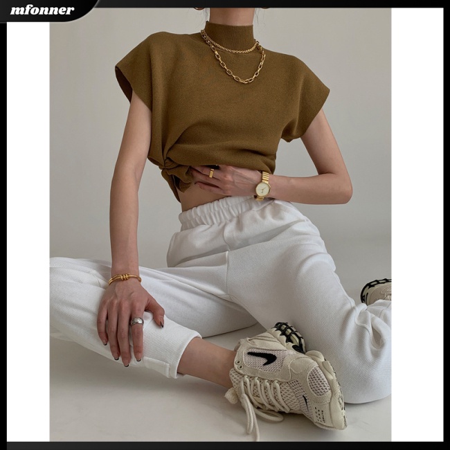 Áo Dệt Kim Nữ Ngắn Tay Cổ Cao Dáng Rộng Màu Sắc Thanh Lịch