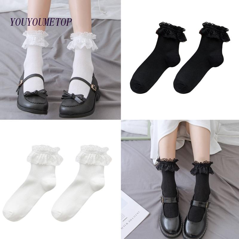 Youyo Đôi Tất Lưới Thoáng Khí Màu Trơn Phối Ren Nhún Bèo Ngọt Ngào Phong Cách Lolita Nhật Bản Cho Nữ