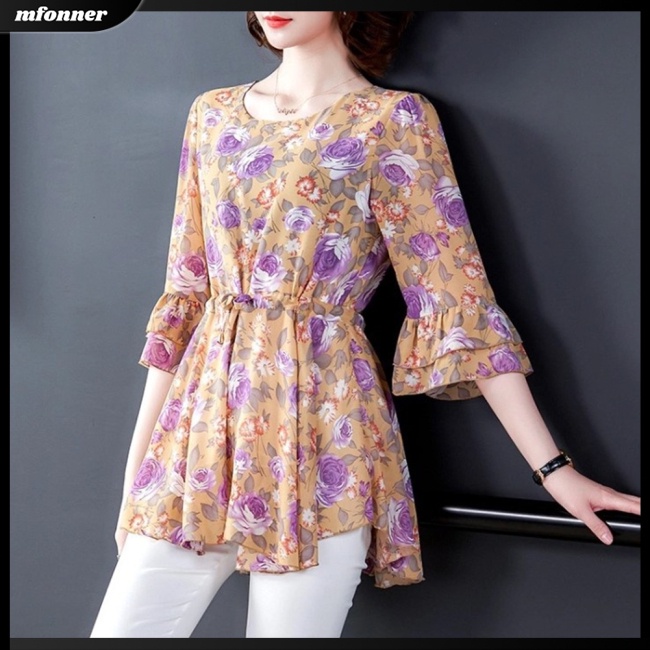 Áo Nữ Tay Ngắn Cổ Tròn Dáng Rộng In Hoa Thời Trang