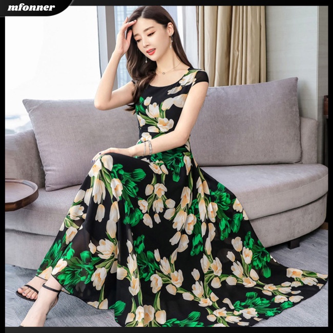 Đầm Dài Tay Ngắn In Hoa Thời Trang Mùa Hè Cho Nữ