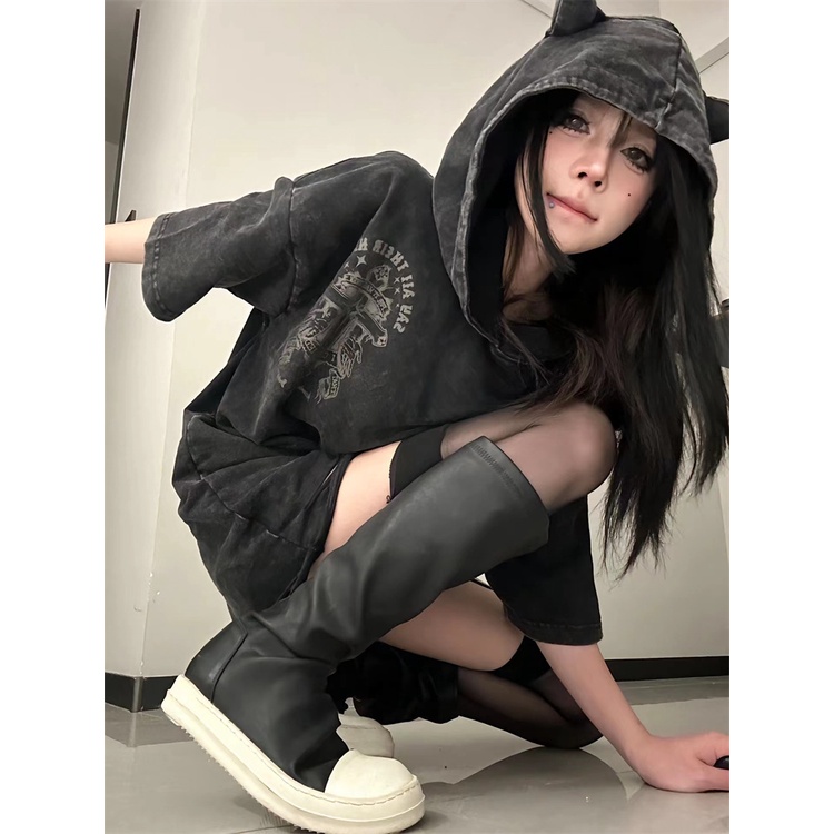 Áo Thun Cotton Có Mũ Trùm Dáng Rộng Tay Ngắn Phong Cách Đường Phố Thời Trang 2023