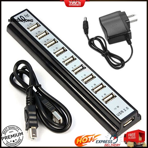 Bộ Hub Gồm 10 Cổng USB 2.0 Kèm Phích Cắm US Dành Cho Máy Tính