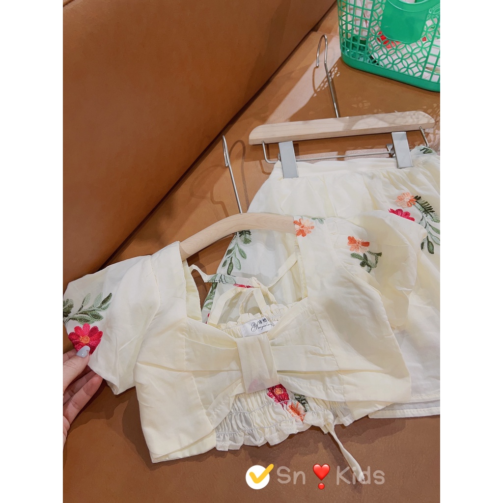 SET Váy maxi hoa kem dáng dài áo có bo siêu thoải mái cho bé