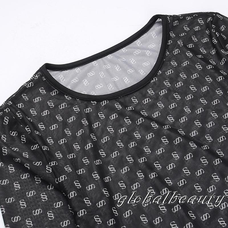 Áo Liền Quần Dài Tay Cổ Tròn Họa Tiết In Nhìn Xuyên Thấu Phong Cách Đường Phố