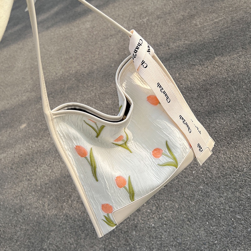 Túi tote Đeo Vai Sức Chứa Lớn Thêu Họa Tiết Hoa tulip Dễ Phối Đồ Thời Trang Cho Nữ
