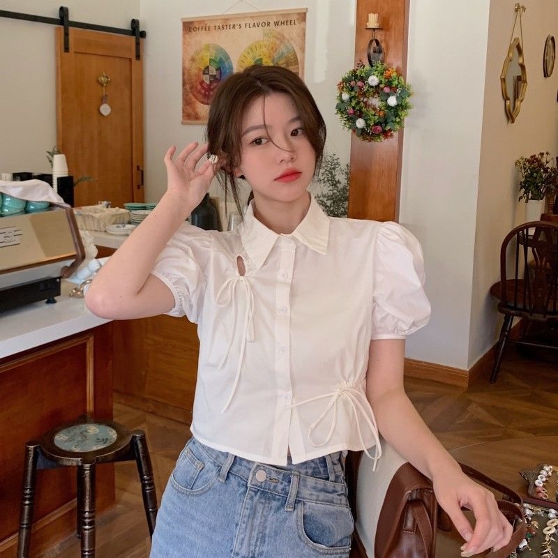 Áo Sơ Mi Tay Ngắn Phồng Thiết Kế Dây Rút Thời Trang Mùa Hè Mới Cho Nữ