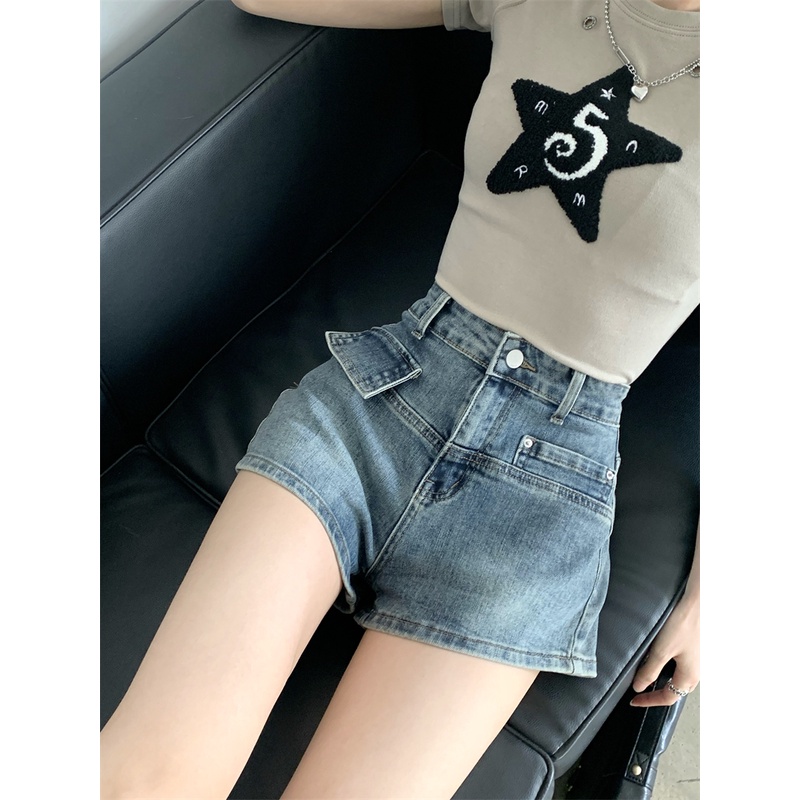 Quần Short Denim Lưng Cao Phối Túi Cá Tính Thời Trang