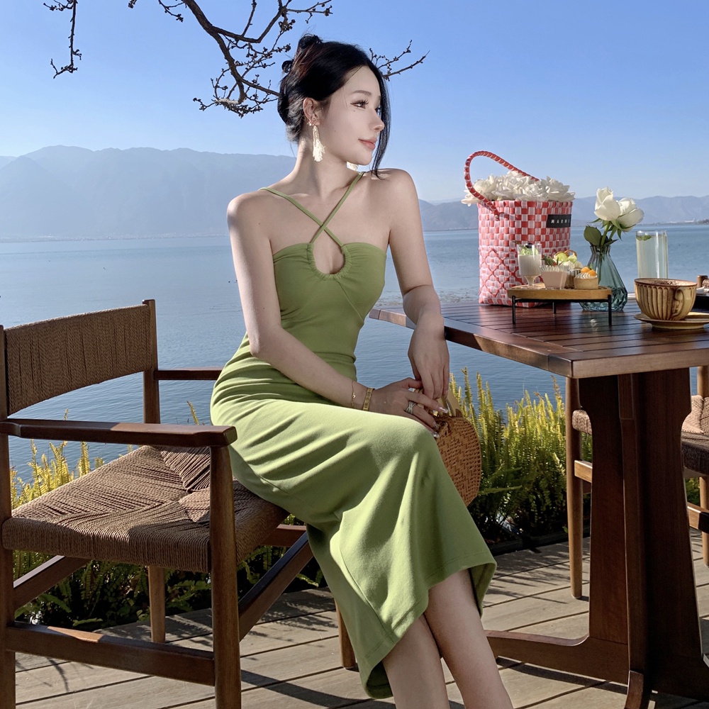 Island Store Đầm Dệt Kim Hai Dây Ôm Hông Hở Vai Góc Phải Màu Xanh Lá Cây Quyến Rũ Kiểu Pháp