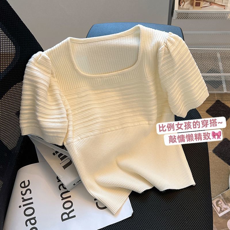 Áo Thun Dệt Kim Tay Ngắn Phồng Cổ Vuông Thời Trang Mùa Hè Phong Cách Hàn Quốc Dành Cho Nữ