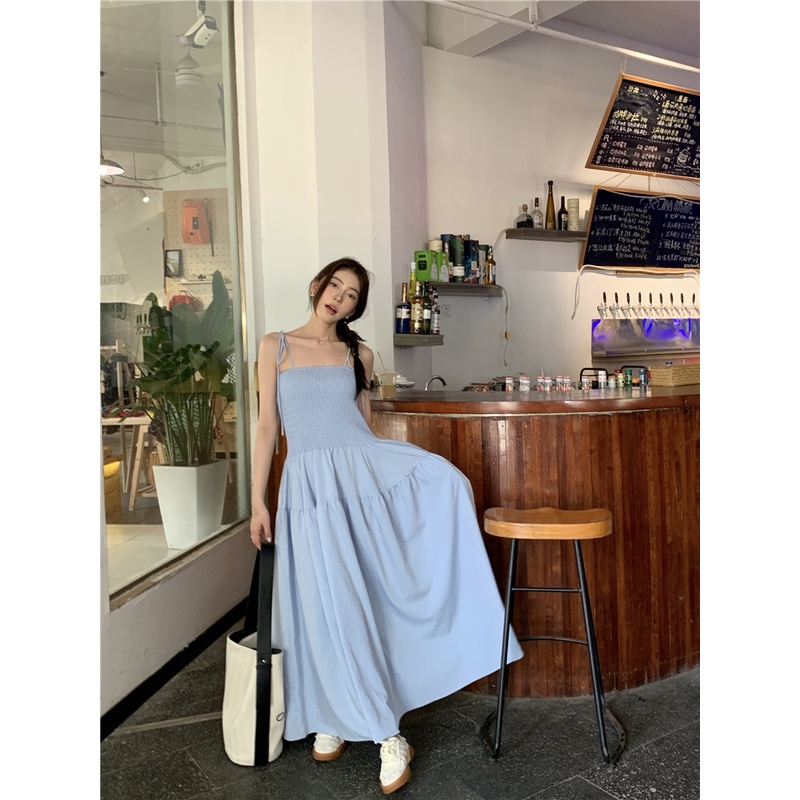 SUXI Đầm Hai Dây Dáng Dài Màu Sắc Trơn Thời Trang Mùa Hè Phong Cách Hàn Quốc Cho Nữ