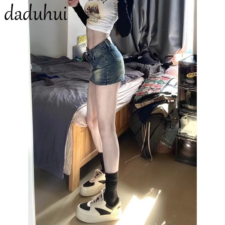 Daduhui New American Style Retro Washed Yellow Mud Denim Skirt High Waist Niche A- line Skirt Bag Hip Skirt