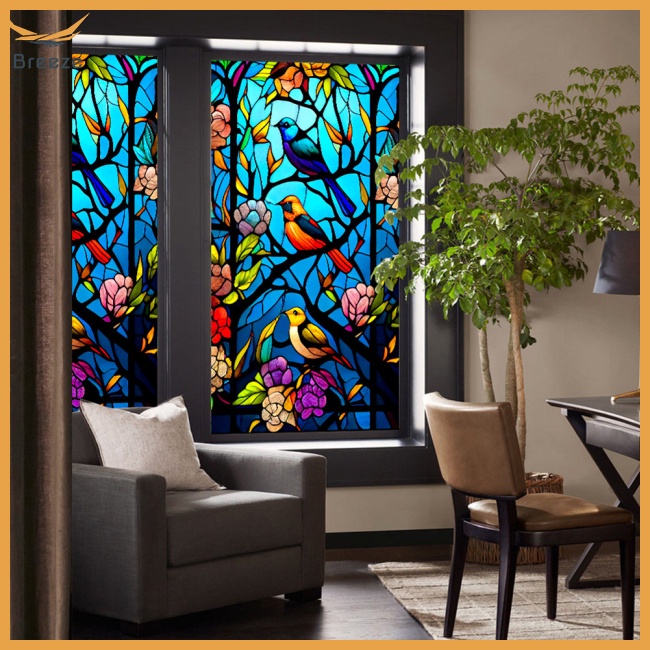 Phim Dán Cửa Kính Họa Tiết Hoa Và Chim Nhiều Màu Sắc Cách Nhiệt Chống Tia Uv