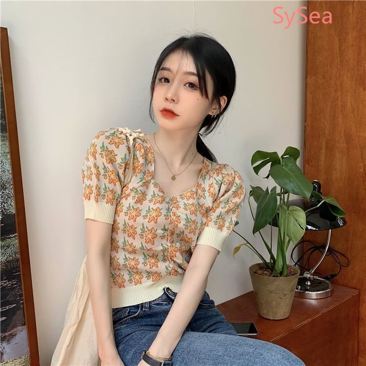 Áo Croptop Dệt Kim Tay Phồng In Hoa Kiểu Hàn Quốc Thời Trang Mùa Hè Cho Nữ