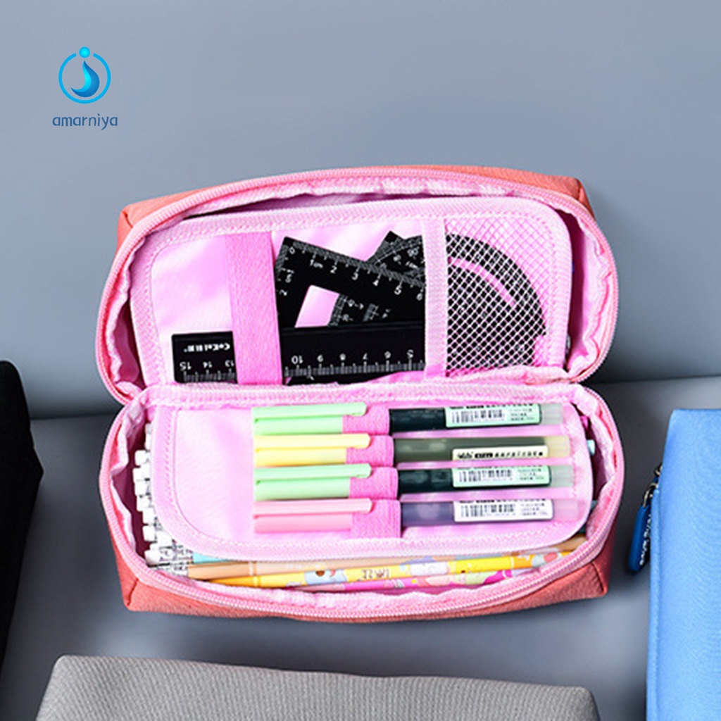 (Shop Amart) Túi Đựng Bút Bằng Vải Canvas Phối Lưới Có Dây Kéo