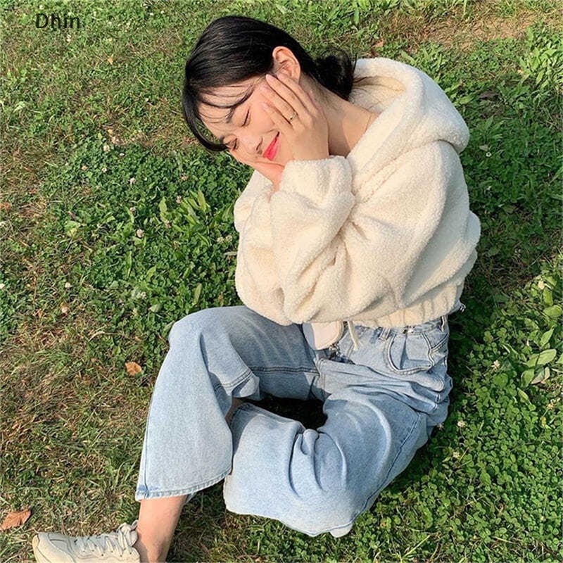 Áo Khoác Len Lông Cừu Ngắn Dáng Rộng Tay Dài Màu Trơn Có Khóa Kéo Thời Trang Cho Nữ