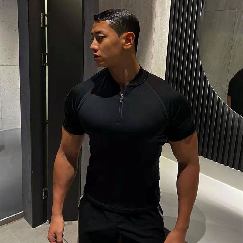 Muscle Fashion Brand Summer New Quick-Drying Tights Men's Elastic Sports Running Stand Collar T-shirt Gym Training Clothes j2Fl