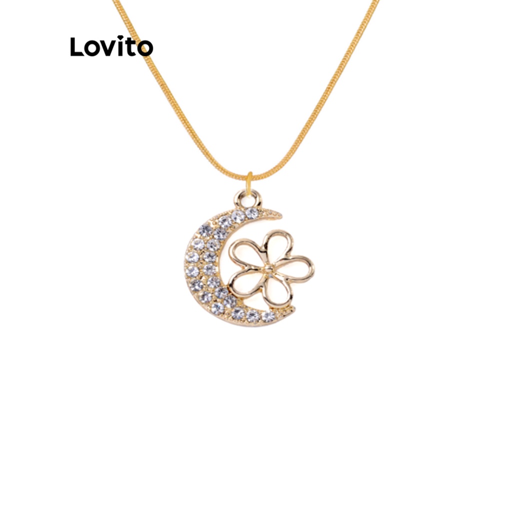 Vòng cổ Lovito kiểu mặt trăng và chữ đính kim cương giả đá quý dạng chuỗi kim loại thường ngày cho nữ L50AD166 (1/2/3)