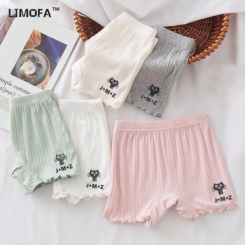 LJMOFA Quần Lót Boxer Chất Liệu Cotton Co Giãn Tốt Phối Ren In Họa Tiết Mèo Dễ Thương Thời Trang Cho Bé Gái Từ 2-12 Tuổi