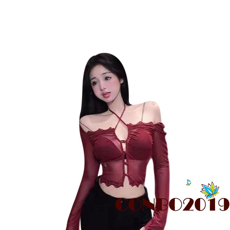 Áo Thun Crop Top Tay Dài Phối Ren Lưới Cổ Thấp Thời Trang Xuân Hè Cho Nữ