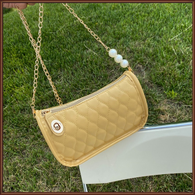 Túi Đeo Chéo Mini Bằng Da Pu Đính Ngọc Trai Nhân Tạo Phối Dây Đeo Sợi Xích Thời Trang Dành Cho Nữ
