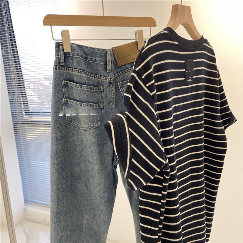 HANLU Áo Thun Nữ Ngắn Tay Họa Tiết Sọc Ngang Thời Trang