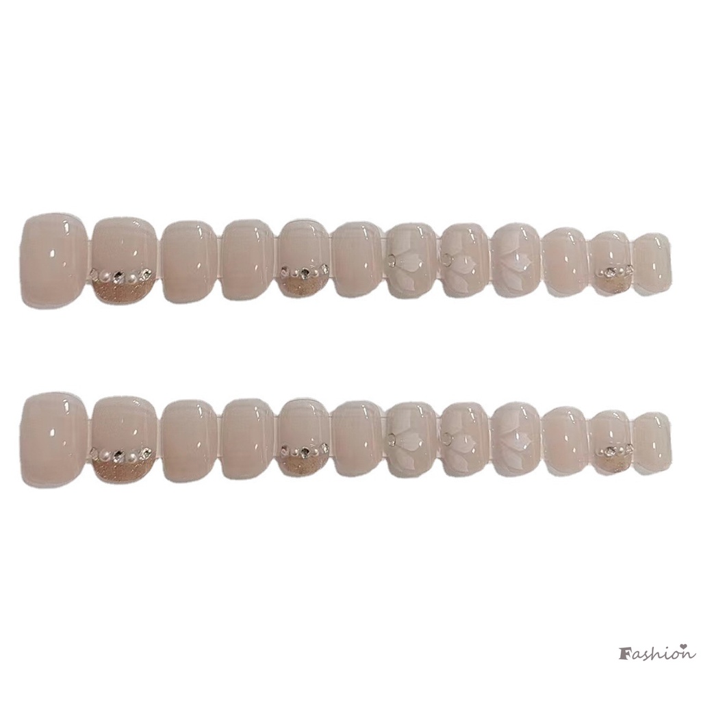 Bộ Móng Tay Giả Hình Vuông Che Phủ Toàn Diện Màu Nude Kèm Kim Cương Giả