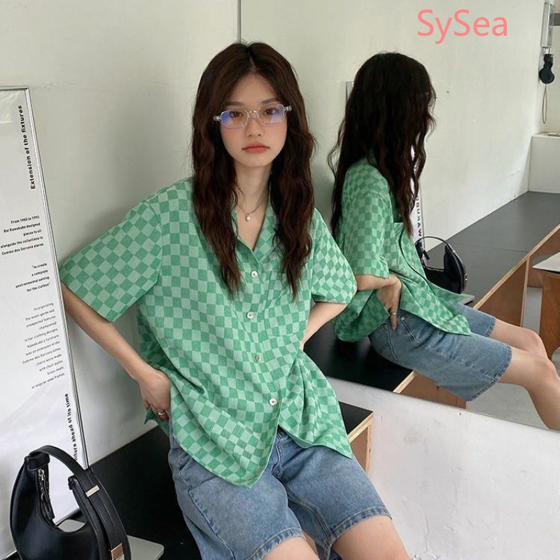 Áo Sơ Mi Tay Ngắn Dáng Rộng Họa Tiết Sọc Caro Thời Trang Mùa Hè Cho Nữ