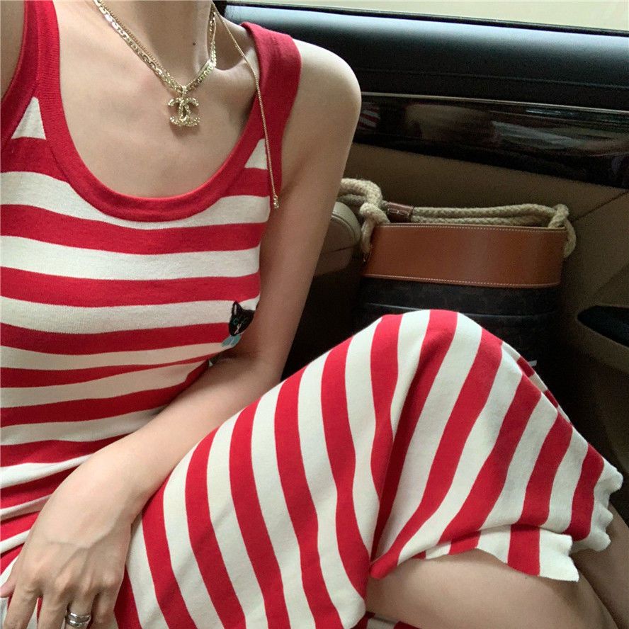 [F &amp; X] Đầm Dệt Kim Hai Dây Ôm Dáng Họa Tiết Kẻ Sọc Màu Đỏ Thời Trang Mùa Hè Dành Cho Nữ