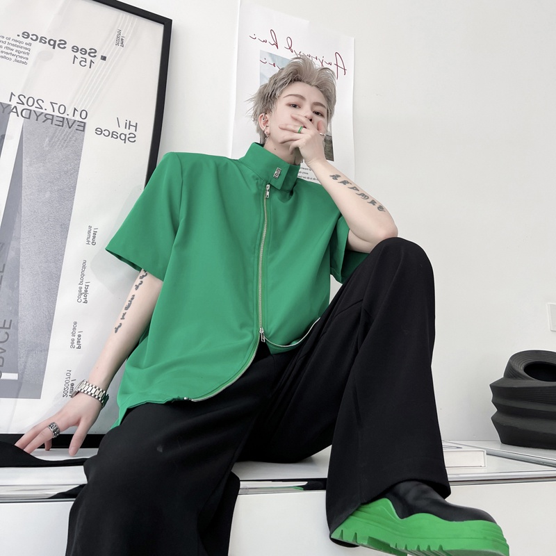 Áo Sơ Mi Tay Ngắn Phối Khóa Kéo Đôi Phong Cách Hàn Quốc Thời Trang Cho Nam