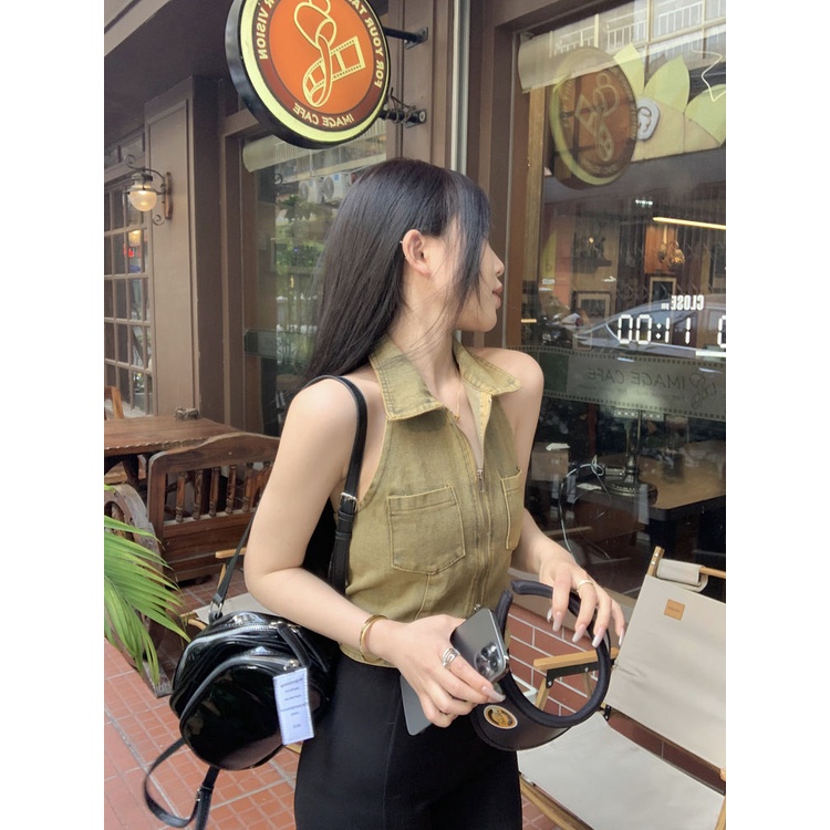 Áo baby tee Thun croptop Denim Không Tay Cổ polo Lưng Ngắn Phối Khóa Kéo Thời Trang Dành Cho Nữ