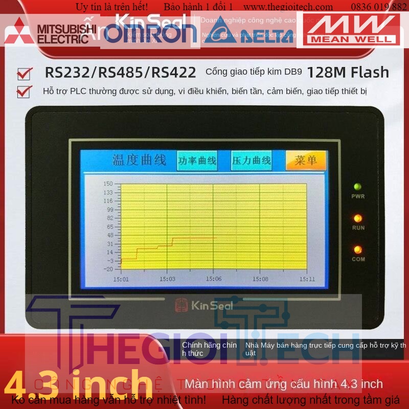 Màn hình HMI Kinseal 4.3 inch AMZ043W01, màn hình màu cảm ứng điều khiển công nghiệp hỗ trợ nhiều loại PLC, Macro - Với cáp tải - Có LOGO