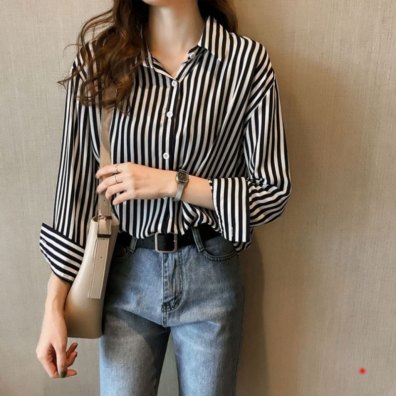 Áo Sơ Mi Chiffon Dáng Rộng Tay Dài Cổ Chữ V Họa Tiết Kẻ Sọc Màu Đen Đỏ Phong Cách Hàn Quốc Dành Cho Nữ Size S-3XL