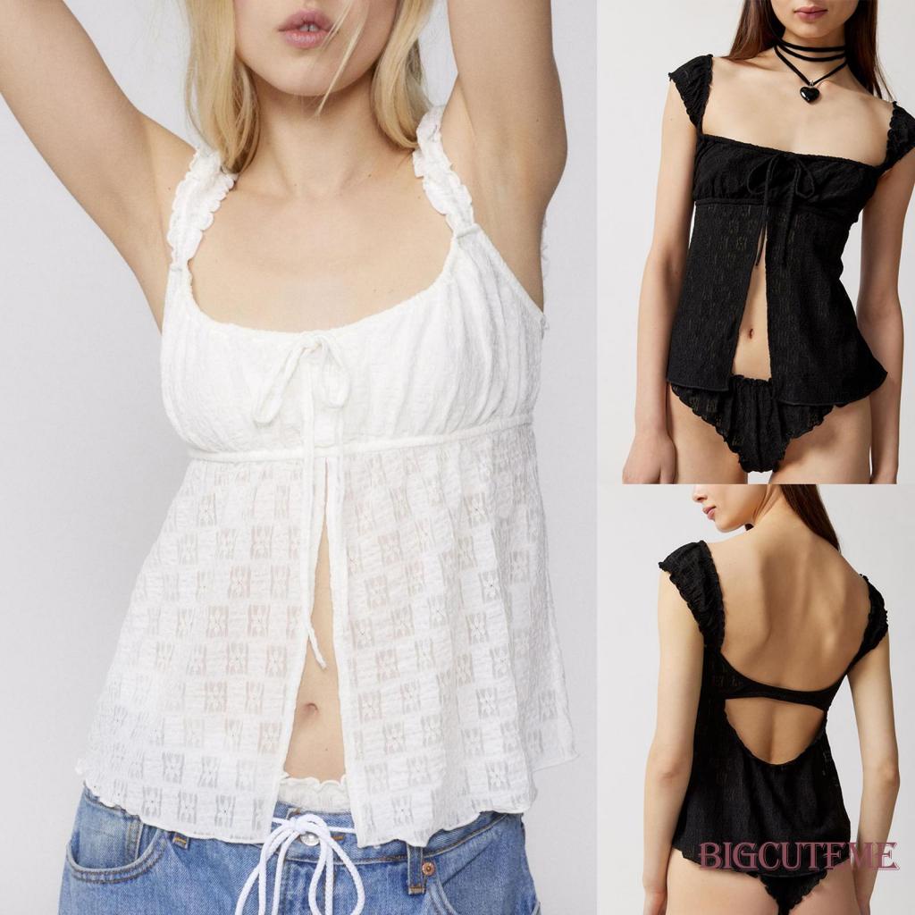 [] Áo Thun Crop Top Hai Dây Màu Trơn Viền Ren Hở Lưng Gợi Cảm Mùa Hè Cho Nữ