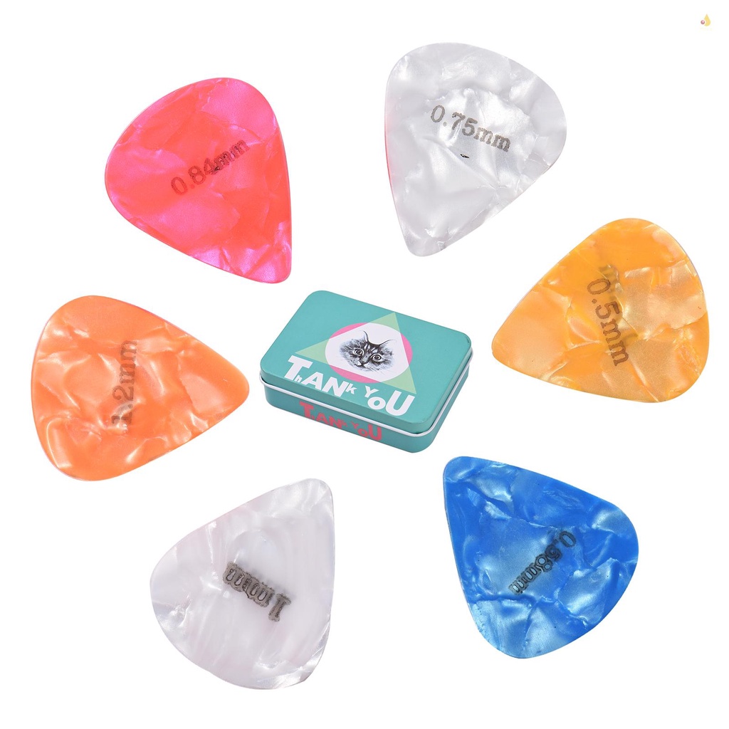 Bộ 60 Miếng Gảy Đàn Guitar Celluloid Có Hộp Đựng Bằng Kim Loại Dành Cho Đàn Guitar Bass / Điện / Guitar Cổ Điển 0.