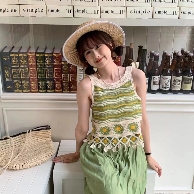 R Áo Không Tay Dệt Kim Dáng Rộng Vừa Vặn Họa Tiết Viền Rỗng Phối Tua Rua Cho Trường Học Hàng Ngày