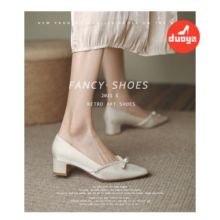 Duoya Giày Cao Gót Mũi Vuông Gót Dày Đính Nơ Kiểu Pháp Thời Trang 2022 Cho Phù Dâu