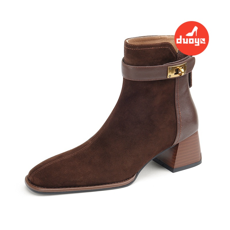 Duoya Tóc Thẳng ~ [Hàng Có Sẵn] Nếu Bạn Có Thoải Mái Ở Nhà ~!Giày Bốt Martin Da Mềm Mũi Vuông Gót Dày Cao Vừa Phối Khóa Kéo Phía Sau Phong Cách Retro